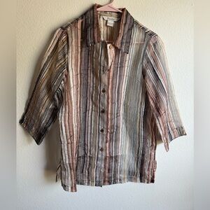 TanJay Striped Button Front Blouse Neutral Brown Beige